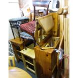 A 19thC mahogany dining chair, with drop in seat, an oak dining chair, and a kitchen island. (3)