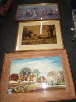 Pictures and prints, comprising amateur watercolour farmyard scene, farming print, and a cavalry off