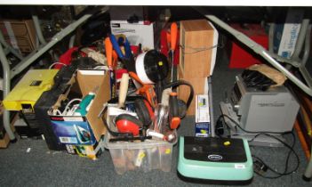 A Ewbank sweeper, iron, saw, various tools, cafetiere, speakers, Iowa hi-fi, etc. (all under 1 table