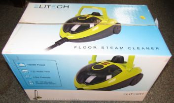 An Elitech floor steam cleaner, boxed.