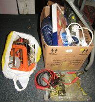 Household wares, tape measures, placemats, air bed, clamps, jump leads, etc. (1 box and 2 bags)