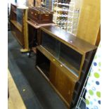 A group of furniture, to include an oak display cabinet, coat rack, two tier occasional table, ironi