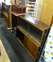 A group of furniture, to include an oak display cabinet, coat rack, two tier occasional table, ironi