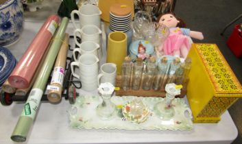 Household effects, various jugs, table lamp, glass ware, soft toy doll, etc. (a quantity)