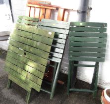 A garden table, painted green, together with four folding garden chairs, and a lounger. (6)