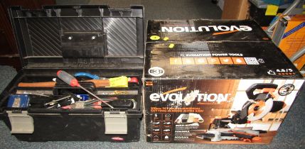 A Evolution 210mm TPT multi material cutting sliding mitre saw, boxed, and a black plastic tool box