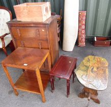 A group of furniture, to include an oak chest, oak two tier table, a carved hardwood table, the top