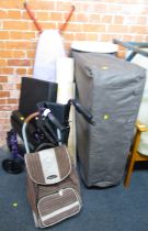 A folding wheelchair, together with an ironing board, roll of laminate flooring, etc. (a quantity)