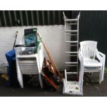 A group of garden related effects, to include plastic garden chairs, brushes, work bench, etc. (a qu