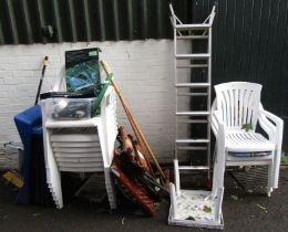 A group of garden related effects, to include plastic garden chairs, brushes, work bench, etc. (a qu