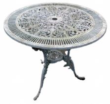 A Coalbrookedale style cast white painted garden table, with pierced circular top on tripod base, 70