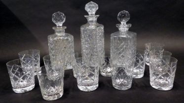 Two similar square section decanters, each with faceted stopper, another similar with canted corners