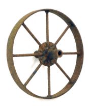A late 19th/early 20thC iron barrow or small cartwheel, with spokes, 39.5cm diameter. (AF)