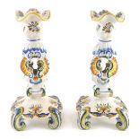A pair of 19thC Formaintraux Frere Desveres Faience candlesticks, with pierced centre, decorated ove