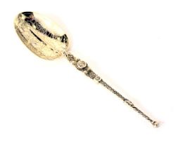 A Victorian silver gilt apostle spoon, with moulded floral and lion mask handle, an etched bowl, Lon