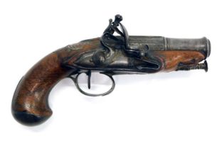 An 18thC flintlock pocket pistol, with cannon barrel, partially fluted, the walnut stock with inlaid