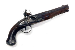 A late 18thC flintlock Dragoon pistol, with Damascus barrel, ram rod, the lock plate engraved J.C.,