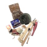 A quantity of fishing tackle, to include a Pegley four piece carbon fibre rod, telescopic rod, keep