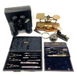 A collection of items, to include a set of mahogany and brass letter scales, compass, drawing instru
