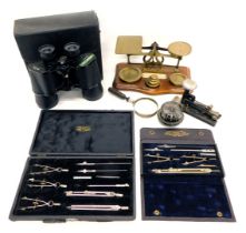 A collection of items, to include a set of mahogany and brass letter scales, compass, drawing instru