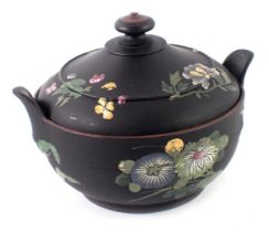 A Wedgwood black basalt and enamelled covered sugar bowl, two lip handles and gilt decoration of flo