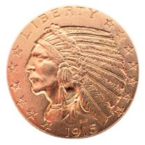 A Liberty five dollar gold coin, the Liberty 1915 mint BLP.