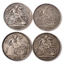 Four Victoria silver crown coins, for 1898, 1900, 1893, and 1899.