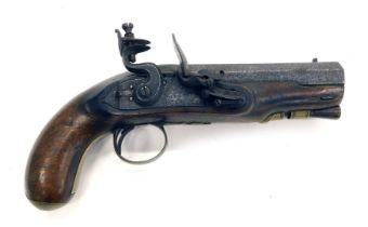 An early 19thC 12-bore flintlock pistol by Rogers, with ram rod and engraved brass trigger guard and