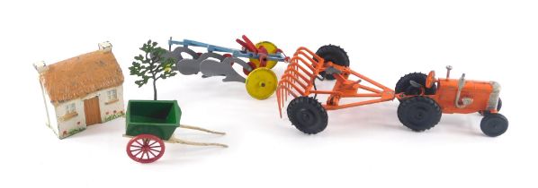 A collection of diecast agricultural toys, to include 1948 crescent toy model plough, tractor, tree,