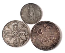 An Edward VII 1902 silver crown, a Victoria 1889 half crown, and an Edward VII 1805 florin. (3)