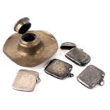 Three engraved silver Vesta cases, various dates, 7.84oz, (AF), another unmarked and a brass inkwell
