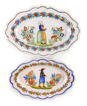 A near pair of mid 19thC Adolphe Porquier Faience plates, depicting male and female figures within l