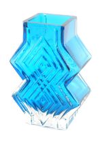 A Whitefriars turquoise double diamond shaped art glass vase, designed by Geoffrey Baxter, 16cm high