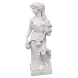 A carved marble statue of a neoclassical maiden, holding grapes, wreath etc. on square base, 120cm h