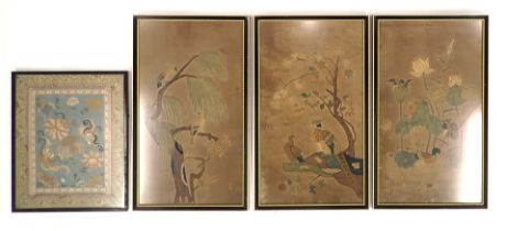 Three late 19th/early 20thC Oriental embroidered pictures, depicting ducks, pheasant, other birds (A