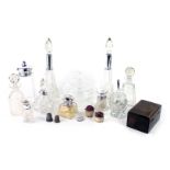 A collection of dressing table items, to include a pair of cut glass and silver mounted scent bottle
