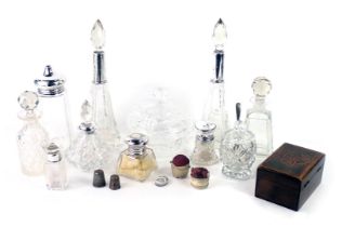 A collection of dressing table items, to include a pair of cut glass and silver mounted scent bottle