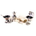 Collectables, comprising a silver plated three piece cruet set, mother of pearl Ronson lighter and c