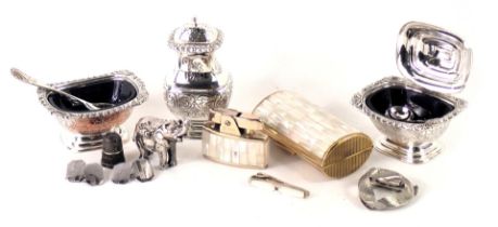 Collectables, comprising a silver plated three piece cruet set, mother of pearl Ronson lighter and c