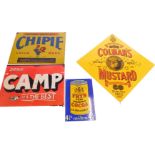 A collection of four reproduction enamel signs for Colman Mustard, Chippy overalls, Camp Coffee, and
