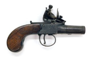 A 19thC flintlock pistol by Robert Bolton of Wigan, with walnut stock, inset with silvered monogram,
