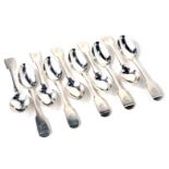 A matched set of ten silver fiddle pattern teaspoons, maker IW, inscribed F, various years circa Geo