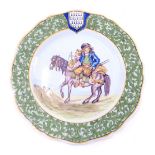 A 19thC Porquier Beau Faience plate, decorated with a man and child on horseback, titled to undersid