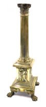 A late 19th/early 20thC brass Corinthian column table lamp, cast with Neoclassical figures, on paw f
