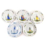 A collection of five Faience plates, a 19thC unmarked Quimper example decorated with a lady, HB Quim