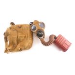 A WWII respirator or gas mask, with labels stating worn by W L Wood of 142 Heanor Road, Smalley for