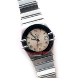 An Omega constellation ladies wristwatch, the stainless steel casing with silvered numeric dial with