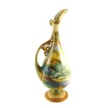 A Royal Worcester porcelain ewer, decorated with a scene of storks beside a lake, signed A. Schuck,