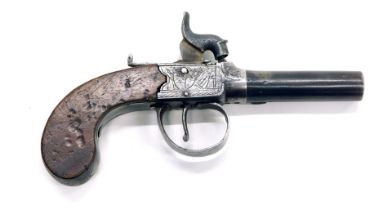 A 19thC Irish percussion box lock pistol by W.Sullivan of Dublin, with partially chequered walnut gr