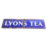 An original Lyon's Tea enamel sign, with white lettering, on a blue ground within orange border, 69c